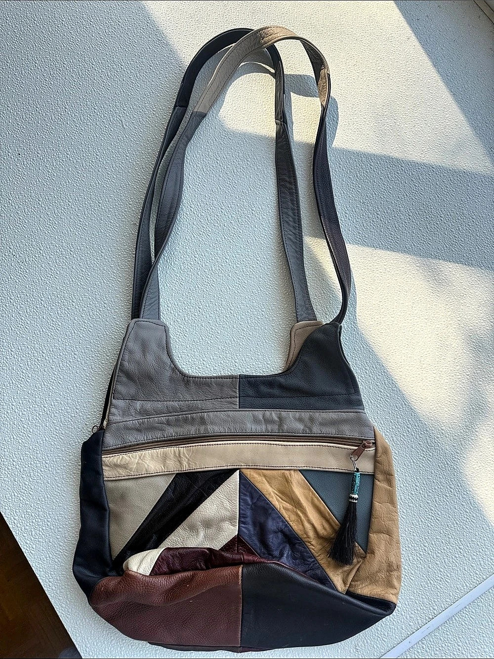 Genuine Leather Patchwork Hobo Shoulder Bag Multicolor Boho Made in Mexico